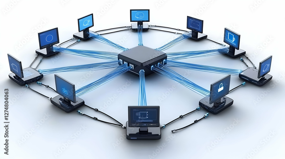 Poster network connection, computers, central hub, 3d rendering, technological connection