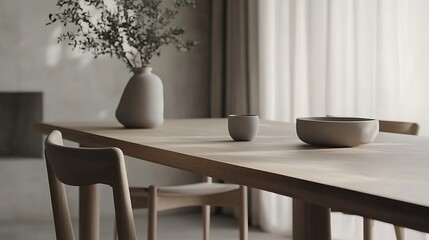 Minimalist dining room, sunlight, calm