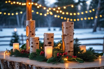 Eclectic Birch Tabletop with Bright String Lights and Snowy Outdoor Backdrop for a Festive Holiday Scene