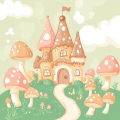 Naklejka premium A charming gingerbread castle nestled among whimsical mushroom toadstools