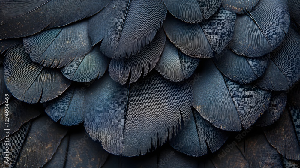 Poster close-up of dark blue bird feathers, showcasing intricate texture and pattern. nature photography. i