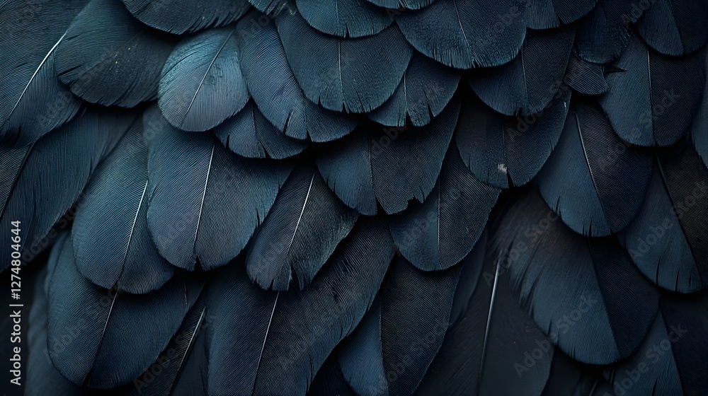 Poster close-up view of dark blue bird feathers. the texture is smooth and detailed. dark blue feathers tex