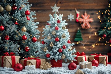 Whimsical Christmas Winter Canvas with Frosty Tree, Glittery Decorations, and Joyous Holiday Background