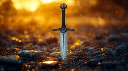 shiny modern sword standing on rocky ground, symbolizing strength, power, and resilience, reflecting a warrior's spirit and determination