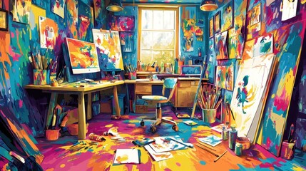 Colorful vibrant art studio filled with paintings and supplies