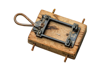 Craftsman’s trap resting on a weathered wooden surface, showcasing rustic design and functionality isolated on transparent background