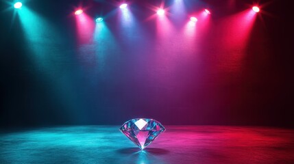 Modern minimalist setting featuring a single diamond glowing under colorful spotlights