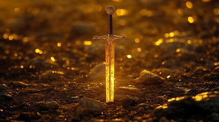 shiny modern sword standing on rocky ground, symbolizing strength, power, and resilience, reflecting a warrior's spirit and determination