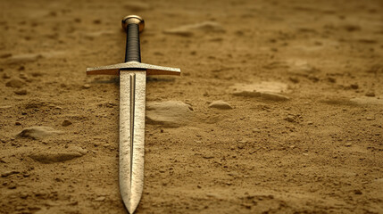 shiny modern sword standing on rocky ground, symbolizing strength, power, and resilience, reflecting a warrior's spirit and determination