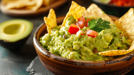 A bowl of freshly made guacamole, bursting with flavor and served alongside crispy tortilla chips for a delicious and satisfying snack