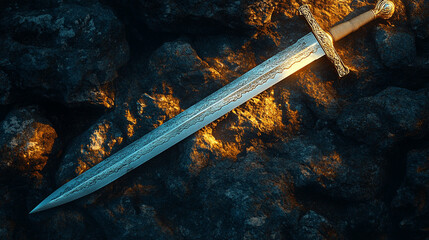 shiny modern sword standing on rocky ground, symbolizing strength, power, and resilience, reflecting a warrior's spirit and determination