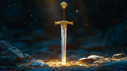 Naklejka premium shiny modern sword standing on rocky ground, symbolizing strength, power, and resilience, reflecting a warrior's spirit and determination