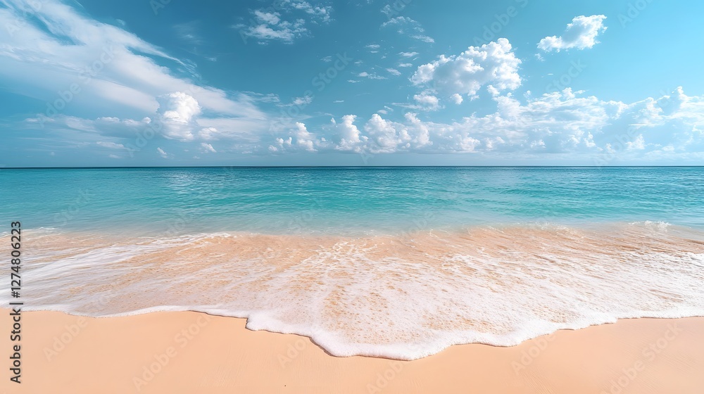Aufkleber peaceful beach scene with gentle waves lapping sandy shore. sunny sky and turquoise water create tra