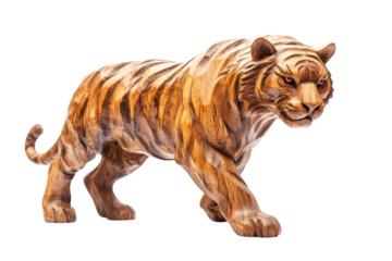 A meticulously crafted wooden tiger figure exudes strength and artistry in its detailed design isolated on transparent background