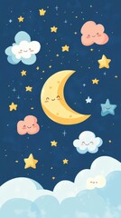 Cartoon moon and clouds in a star filled night sky