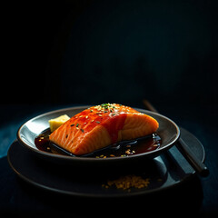 Honey-Soy Glazed Salmon - Ceramic Plate with Sesame, Ginger & Chopsticks