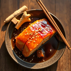 Honey-Soy Glazed Salmon - Ceramic Plate with Sesame, Ginger & Chopsticks