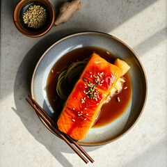 Honey-Soy Glazed Salmon - Ceramic Plate with Sesame, Ginger & Chopsticks