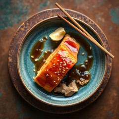 Honey-Soy Glazed Salmon - Ceramic Plate with Sesame, Ginger & Chopsticks