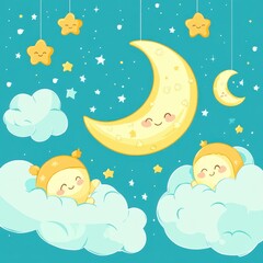 Fototapeta premium Dreamy nightscape with crescent moons and sleeping children on clouds