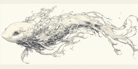 Detailed pencil drawing of an axolotl with abstract flowing tail