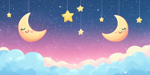 Fototapeta premium Whimsical dreamy background shows cute moons stars and clouds