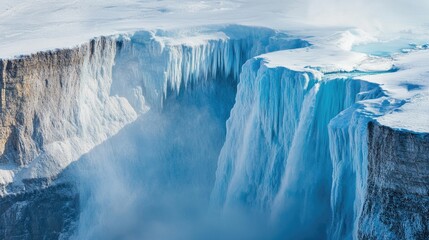 Ice-covered waterfall cascading down rugged cliffs, frozen in layers of blue and white.