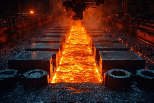 Molten metal being poured into molds at a metallurgical plant during night production