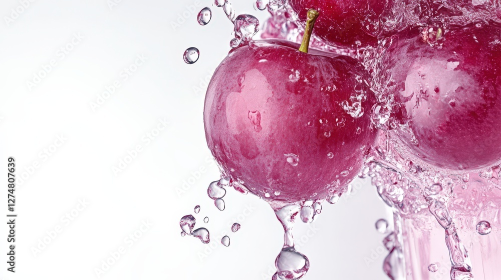 Poster Fresh red apples splashing in water, creating dynamic droplets in a bright setting
