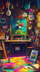 Fototapeta premium Bright and colorful artist studio filled with art supplies