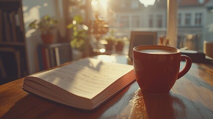 Morning coffee and open book on wooden table by sunlit window.