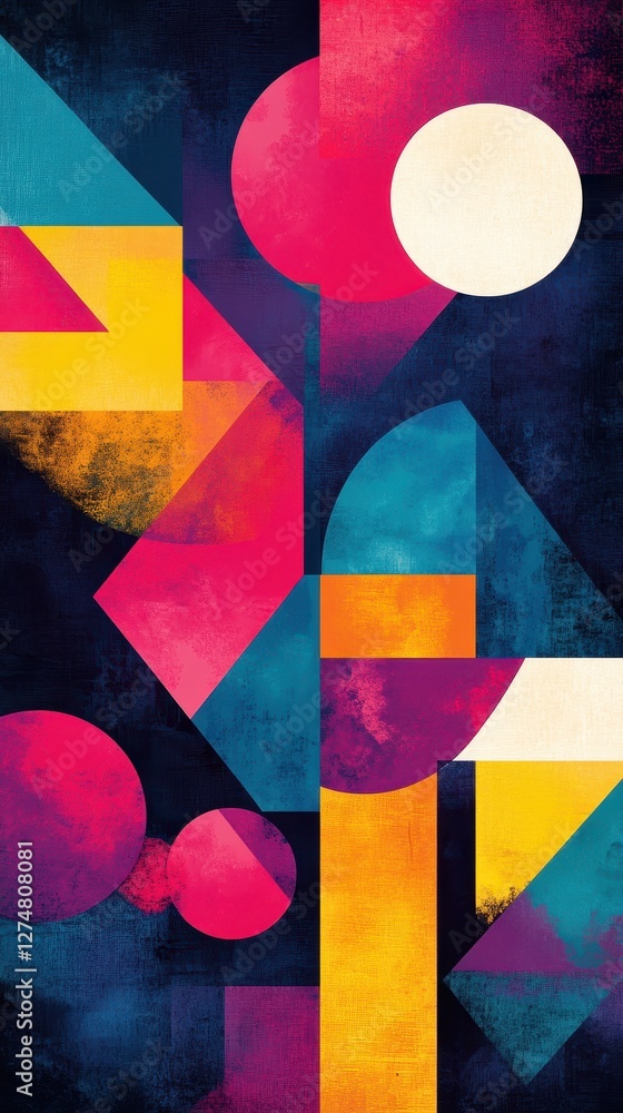 Poster abstract geometric composition features circles squares and triangles
