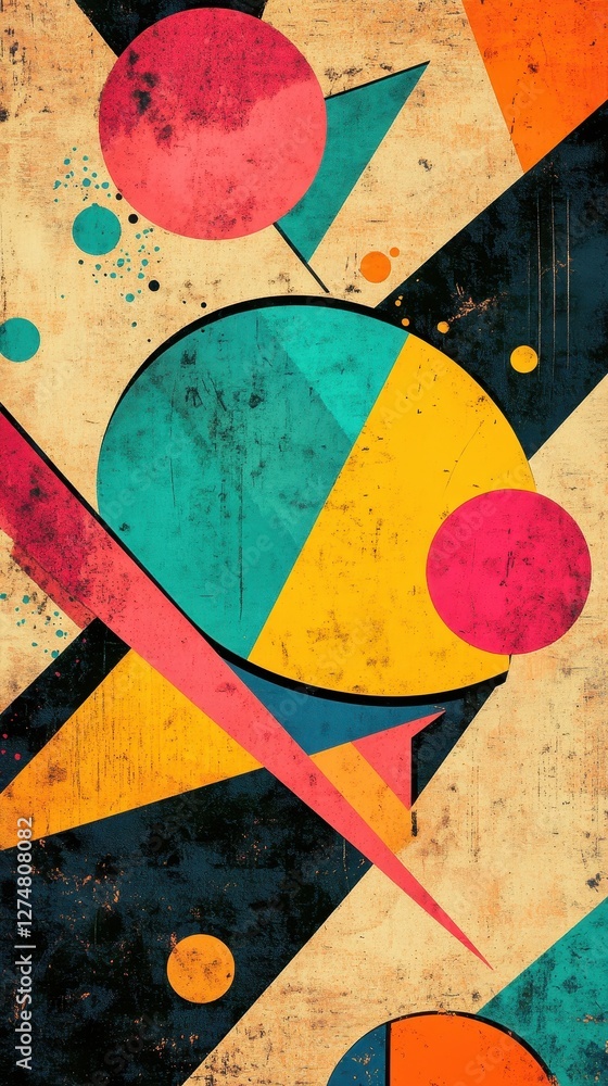 Poster retro design featuring geometric shapes with textured colorful backgrounds