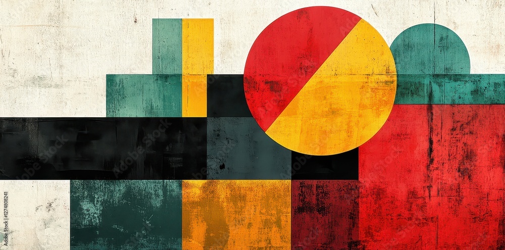 Poster abstract geometric composition featuring textured squares rectangles and circles