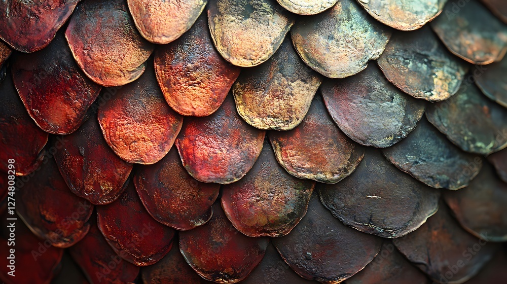 Poster close-up view of meticulously crafted dragon scales with rich color and texture. intricate dragon sc