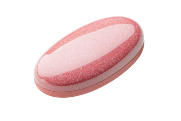 A glossy pink oval container reflecting soft light on a smooth surface isolated on transparent background