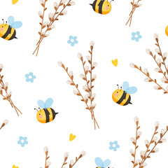 Spring seamless pattern with willow branches, bees, flower and hearts shape isolated on white background.