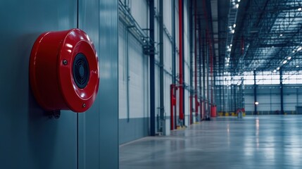 Red fire alarm, warehouse safety