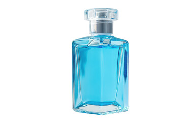 Captivating blue fragrance bottle glistening under soft light against a minimalist backdrop isolated on transparent background