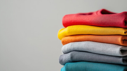 Close up of a stack of folded colorful t-shirts for fashion and organization concepts