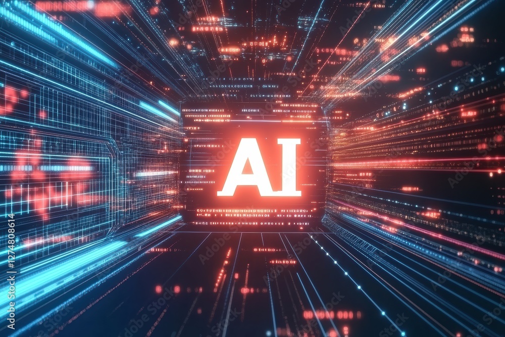 Poster dynamic digital layout showcasing artificial intelligence in a futuristic environment