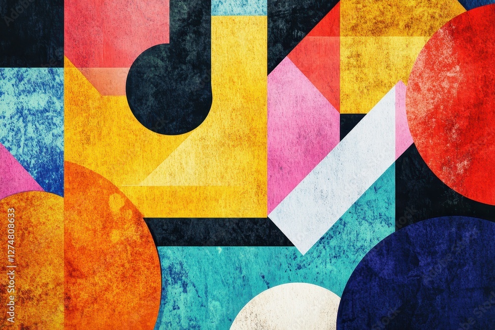 Poster abstract composition featuring geometric shapes with vibrant and textured patterns
