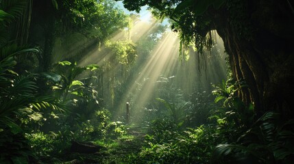 Overgrown tropical jungle with dense vines, towering trees, and rays of sunlight breaking through.
