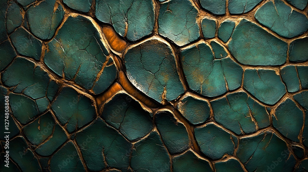 Poster a close-up shot of a scaly reptile teal and gold textured surface. the pattern is intricate and deta