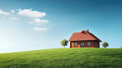 Obraz premium Peaceful countryside barn surrounded by green meadows and a clear blue summer sky.