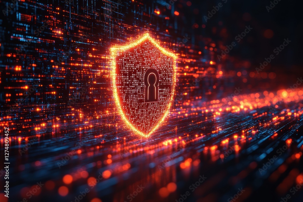 Poster graphic layout showcasing digital security concepts with glowing elements