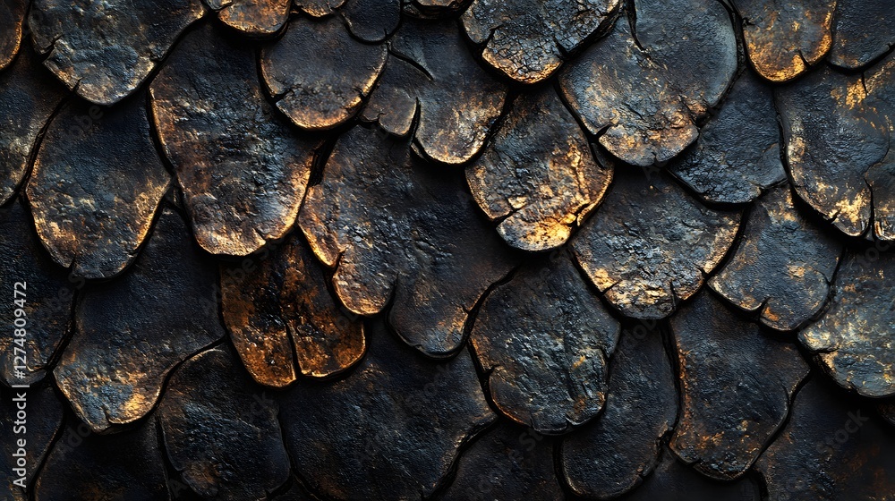Poster intricate texture of dark, golden scales. abstract background ideal for design. dark, golden scales: