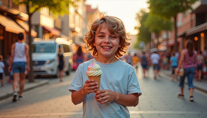 Smiling boy enjoying ice cream on busy street, joyful summer moment, Children's Day, Blurred Background