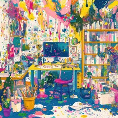 Messy artist studio with vibrant paints and artistic chaos