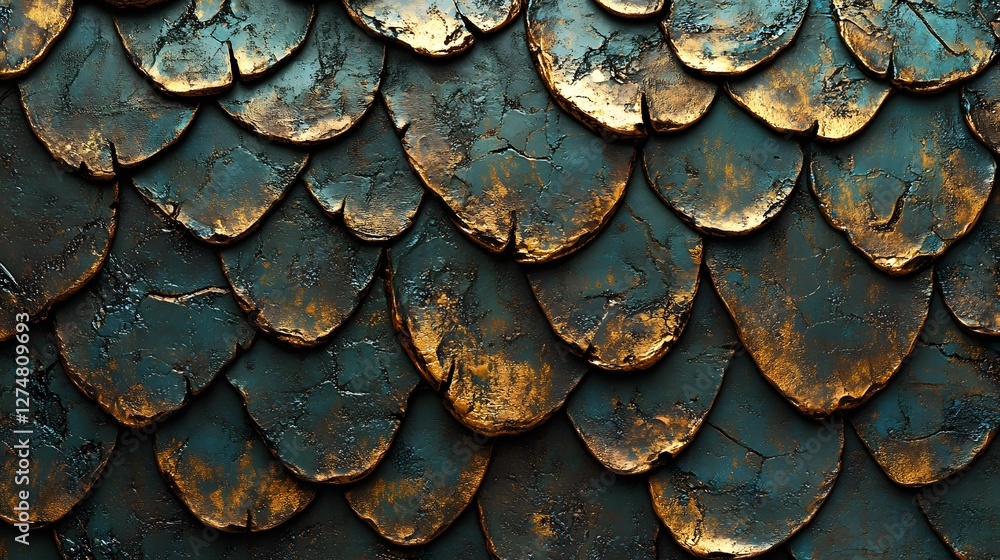 Aufkleber close-up view of an abstract teal and gold scale texture. digital art, intricate details. abstract t